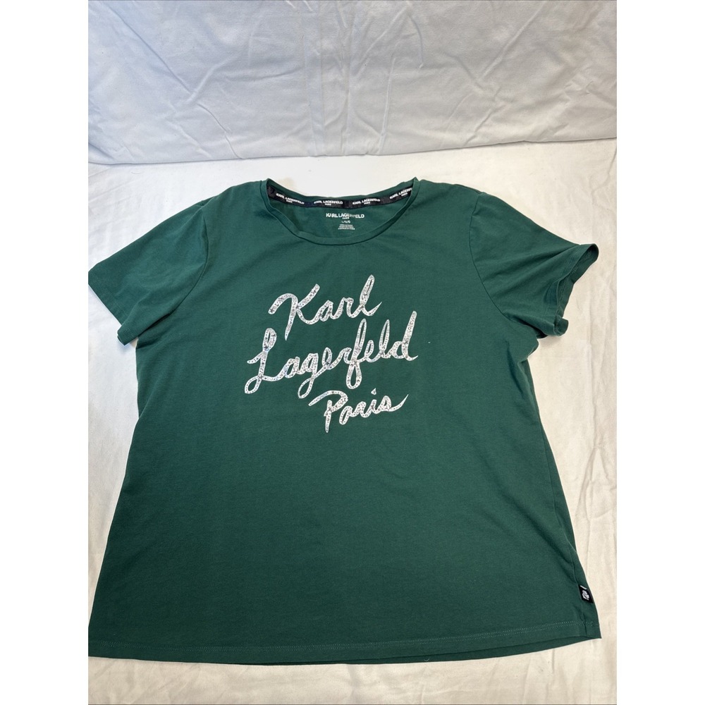 Women's Karl Lagerfeld Paris Logo Rhinestone Dark Green Shirt Large